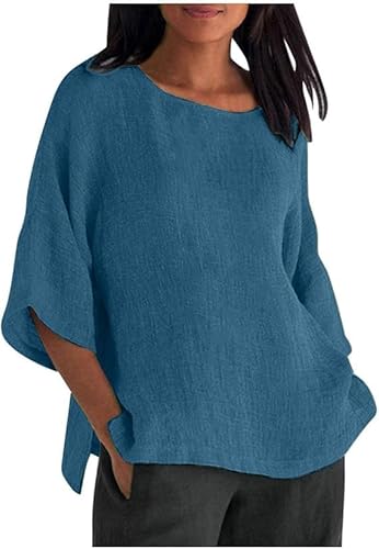 Leinen Shirts Damen Elegant Einfarbig Sommer T-Shirts Musselin Bluse 3/4 Arm Elegant Leinenhemd Langarmshirt Basic Kurzarm Oberteile Baumwolle Lässig Tunika Frau Große Größen Oberteil Casual Tshirt von Generic