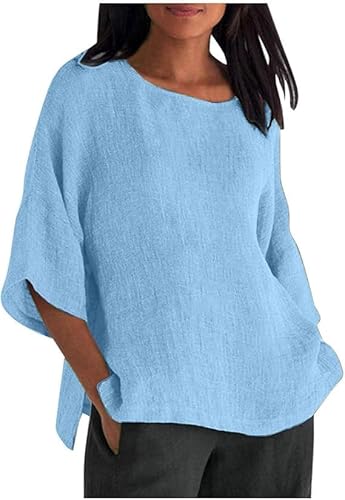 Leinen Shirts Damen Elegant Einfarbig Sommer T-Shirts Musselin Bluse 3/4 Arm Elegant Leinenhemd Langarmshirt Basic Kurzarm Oberteile Baumwolle Lässig Tunika Frau Große Größen Oberteil Casual Tshirt von Generic