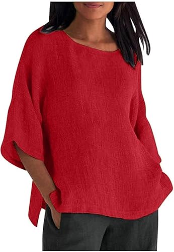 Leinen Shirts Damen Elegant Einfarbig Sommer T-Shirts Musselin Bluse 3/4 Arm Elegant Leinenhemd Langarmshirt Basic Kurzarm Oberteile Baumwolle Lässig Tunika Frau Große Größen Oberteil Casual Tshirt von Generic