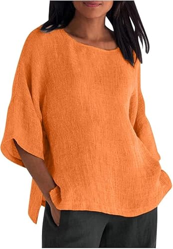 Leinen Shirts Damen Elegant Einfarbig Sommer T-Shirts Musselin Bluse 3/4 Arm Elegant Leinenhemd Langarmshirt Basic Kurzarm Oberteile Baumwolle Lässig Tunika Frau Große Größen Oberteil Casual Tshirt von Generic
