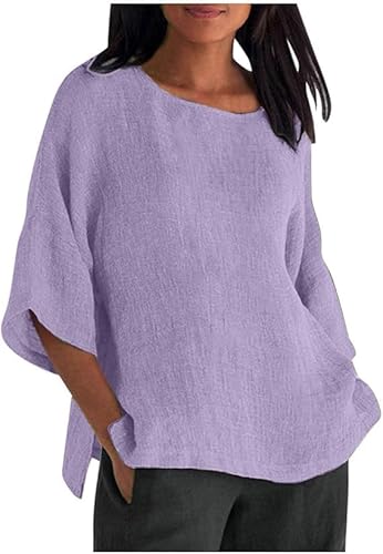 Leinen Shirts Damen Elegant Einfarbig Sommer T-Shirts Musselin Bluse 3/4 Arm Elegant Leinenhemd Langarmshirt Basic Kurzarm Oberteile Baumwolle Lässig Tunika Frau Große Größen Oberteil Casual Tshirt von Generic