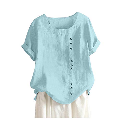 Leinen Shirts Damen: Leinenbluse Damen Oversize Kurzarm Oberteile Rundhals Vintage Blusenshirt Große Größen Longbluse Elegant Leinenblusen Leicht Sommerbluse-Leinen Kurzarmblusen Sweatshirt von Generic