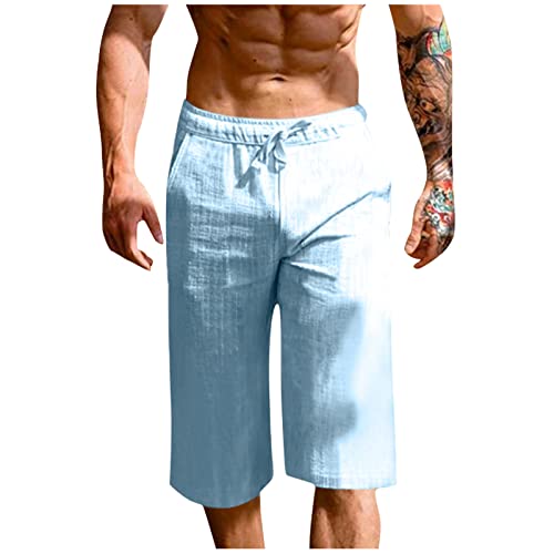 Leinen Shorts Herren,Bermuda Shorts Herren 3/4 Leinenhose Herren Kurz Strandhose Herren Dünn Kurze Sommerhose Herren Leicht Dreiviertel Hose Herren Sommer Weites Bein Sweat Shorts von Generic