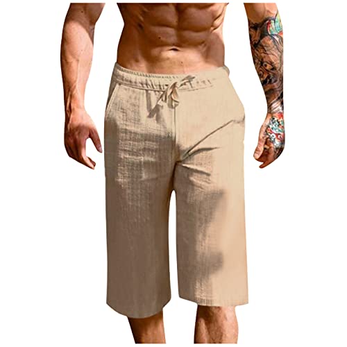 Leinen Shorts Herren,Bermuda Shorts Herren 3/4 Leinenhose Herren Kurz Strandhose Herren Dünn Kurze Sommerhose Herren Leicht Dreiviertel Hose Herren Sommer Weites Bein Sweat Shorts von Generic