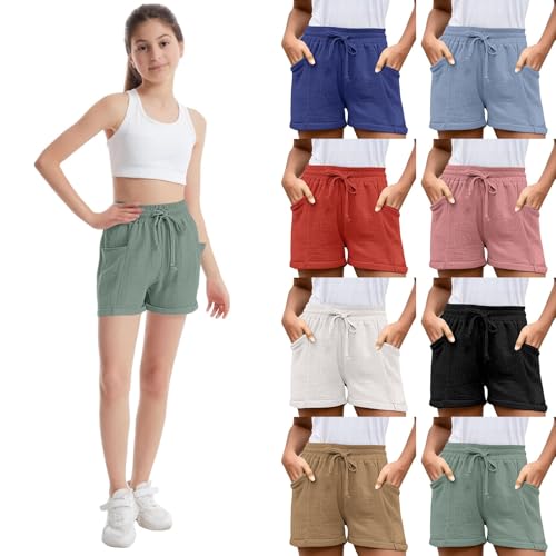 Leinen Shorts Mädchen Kurze Hose Junge Mit Tunnelzug Elastische Taille Jogginghose Kurz Kinder Sommershorts Leichte Sporthose High Waist Atmungsaktiv Frauen Strand Resort (Blue, 9-10 Years) von Generic
