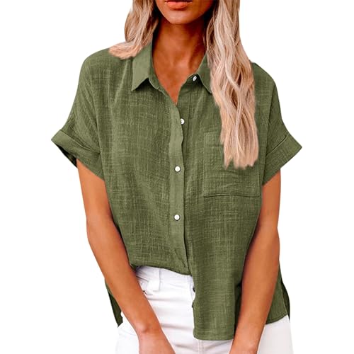 Leinen Tshirt Damen,Damen Blusen Kurzarm Sommer,Womens Leinen Button Down Shirt 2024 Casual Kurzarm Solide Farbe Shirts Lose Arbeit Tops mit Taschen,Grün,XL von Generic