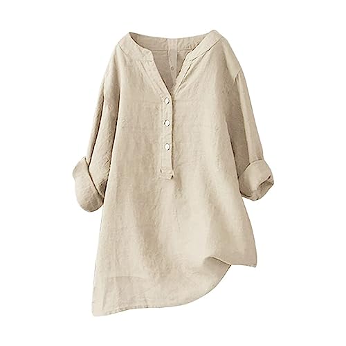 Leinen Tunika Damen Sommer Longbluse Button-Down Übergröße Musselin Bluse Atmungsaktive Tops, Beige, 5XL von Generic