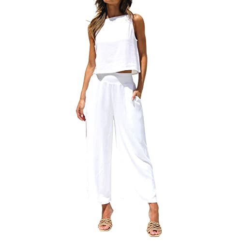 Leinen Zweiteiler Damen Sommer Bluse Tshirt Und Lange Hosen Freizeitanzug Casual Einfarbig Jogginganzug Leicht Set Langarmshirt Loungewear Streatwear Anzug Zweiteiler Damen Sommer von Generic