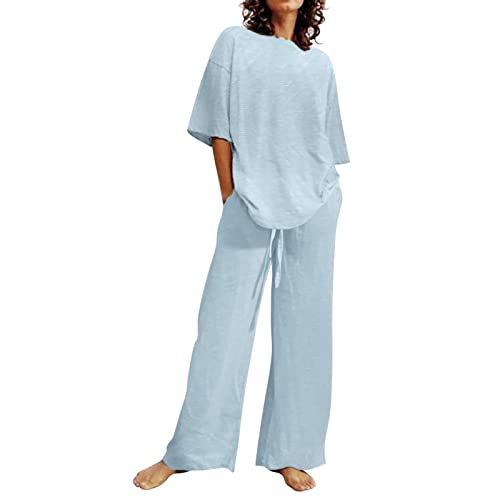 Leinenanzug Damen Sommer, Sommer 2 Teiler Set Hosenanzug Sportanzug Leinen Modern Weites Bein Baumwolle Hausanzug Freizeitanzug Kuschelig LangGrobe Groben Leinenanzug Anzug von Generic