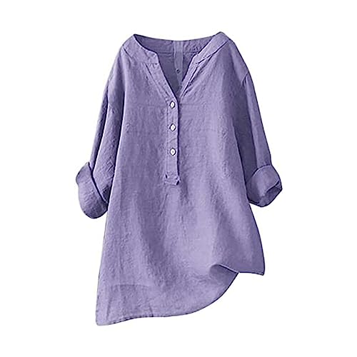 Leinenbluse Damen,Damen Tunika Sommer Grosse GröSsen,Musselin Bluse Damen Leinen Bluse Damen Sommer Langarm Shirt Leinen Elegante Lange Bluse Bügelfrei Tuniken Damen Blusen,Violett,3XL von Generic