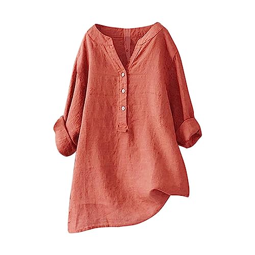 Leinenbluse Damen Sommer, Hemdblusen Leinen, Longbluse Button-Down Übergröße Musselin Atmungsaktive Tops, Orange, L von Generic