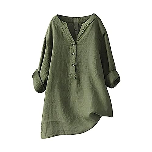 Leinenbluse Damen,Leinen Blusen Sommer Damen,Longbluse Damen Sommer,Damen Sommer Button-Down Bluse Übergröße Musselin Bluse Damen Leinenbluse Atmungsaktive Tops,Grün,5XL von Generic