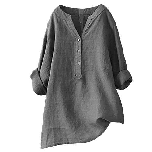 Leinenbluse Damen,Leinen Top Damen 2024,Musselin Bluse Damen Leinen Bluse Damen Sommer Langarm Shirt Leinen Elegante Lange Bluse Bügelfrei Tuniken Damen Blusen Große Größen Tops,Grau,3XL von Generic