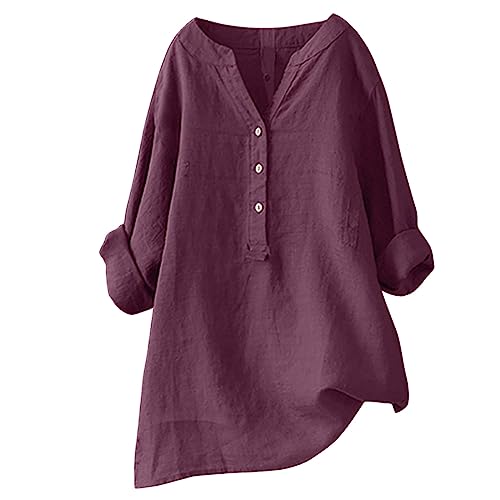 Leinenbluse Damen Bluse Damen Sommer Tunika V-Ausschnitt Große Größen Blusenshirt Damen Langarmshirt Leinen Baumwolle Hemd Oberteile Druck Shirt，Blusen & Tuniken für Damen von Generic