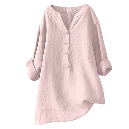 Leinenbluse Damen Frühling Sommer Tshirt Baumwolle Leinen Bluse V-Ausschnitt T-Shirt Oberteil Tops Knopfleiste Hemdbluse Casual Tunika Longshirt Vintage Stehkragen Damenbluse Große Größen Langarmshirt von Generic