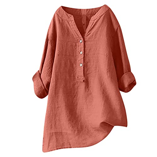 Leinenbluse Damen Frühling Sommer Tshirt Baumwolle Leinen Bluse V-Ausschnitt T-Shirt Oberteil Tops Knopfleiste Hemdbluse Casual Tunika Longshirt Vintage Stehkragen Damenbluse Große Größen Langarmshirt von Generic