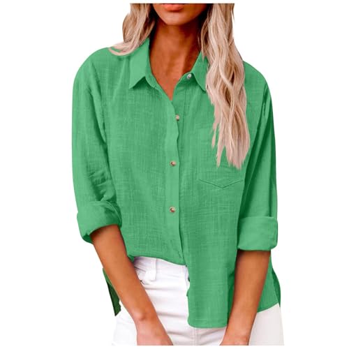 Leinenbluse Damen Musselin Bluse Elegant Sommer Oberteile Langarm V-Ausschnitt Oversized Hemdbluse Freizeit Tshirt Mit Brusttaschen,Grün,XXL von Generic