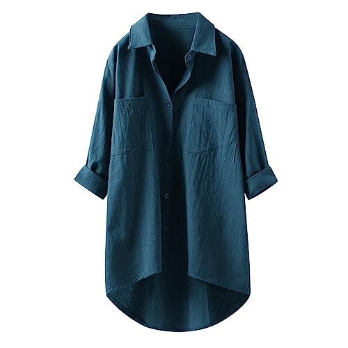 Leinenbluse Damen Oversize, Musselin Bluse Damen Langarm,Hemdbluse Damen Lang Revers Hemd Einfarbige T-Shirt Blusen Shirts Blusenshirt Locker Longbluse Polohemd Herbst Top Elegante von Generic