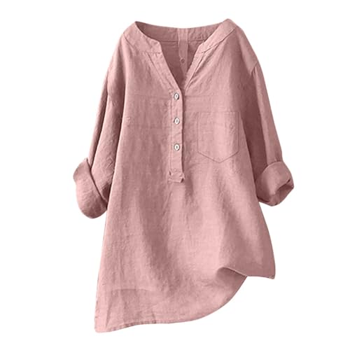 Leinenbluse Damen Oversize Elegant Leinenhemd Sommer Einfarbig Baumwolle Leinen Tshirt Button Down V Ausschnitt Langarm T-Shirt Lässiges Bequeme Hemdbluse Tunika Basic Shirt von Generic
