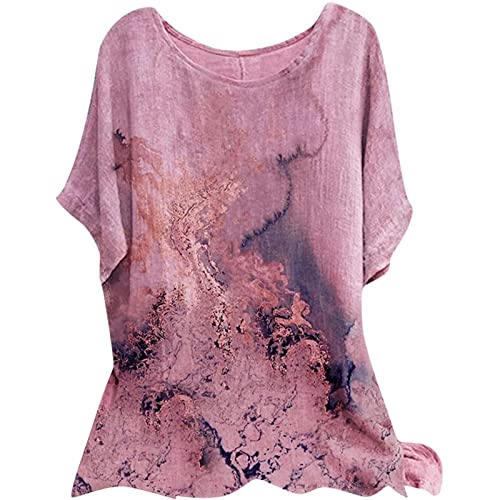 Leinenbluse Damen Oversize Kurzarm Rundhalsausschnitt mit Blumenmuster Lockere Tshirts Lässige Tunika Frauen Mode Motiv T-Shirt Elegante Blusen Vintage Oberteile Ausgefallene Pullover Hemdbluse Tops von Generic