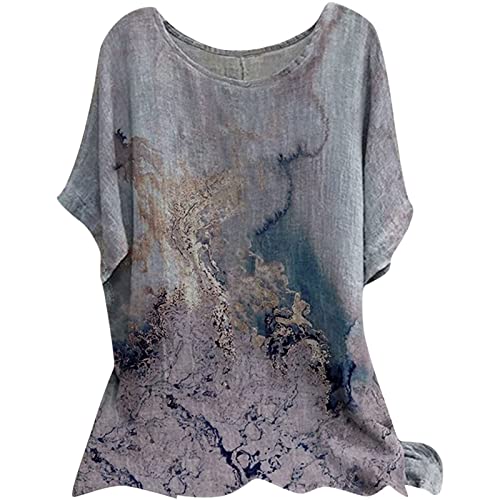 Leinenbluse Damen Oversize Kurzarm Rundhalsausschnitt mit Blumenmuster Lockere Tshirts Lässige Tunika Frauen Mode Motiv T-Shirt Elegante Blusen Vintage Oberteile Ausgefallene Pullover Hemdbluse Tops von Generic