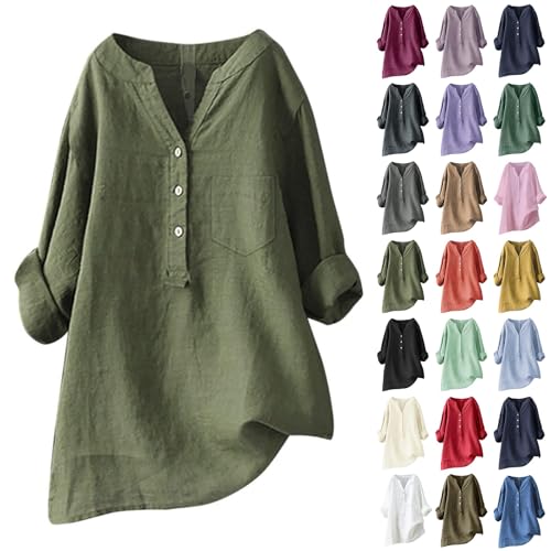 Leinenbluse Damen Sommer Elegant Leinenhemd Einfarbig Baumwolle Leinen Tshirt Button Down V Ausschnitt Langarm T-Shirt Lässiges Bequeme Hemdbluse Tunika Basic Shirt von Generic