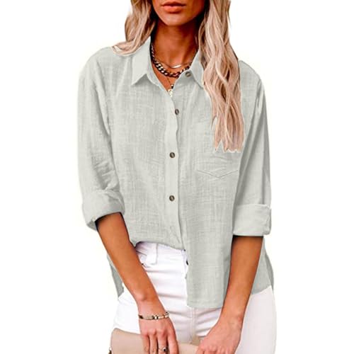 Leinenbluse Damen Sommer Leinen Bluse Langarm Elegant Musselin Bluse Große Größen Revers Knopfleiste Blusenshirt Frühling Urlaub Einfarbig Casual Longbluse Hemdbluse mit Taschen von Generic