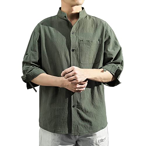 Leinenhemd Herren 3/4 Arm Oberteile Tops Hemden Männer Sommerhemd Kurzarmhemd Sommerhemd Herren Regular Fit Freizeithemd Armeegrün 3XL von Generic