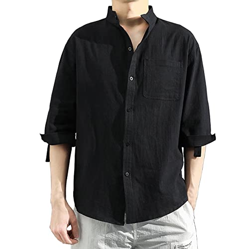 Leinenhemd Herren 3/4 Arm Oberteile Tops Hemden Männer Sommerhemd Kurzarmhemd Sommerhemd Herren Regular Fit Freizeithemd Schwarz 3XL von Generic