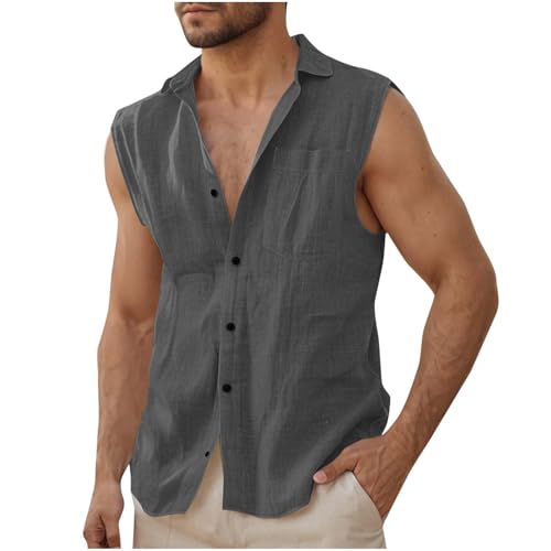 Leinenhemd Herren Hemd Männer Ärmelloses Strandhemd Sommer Freizeit Tanktop Leinen Baumwolle Muskelshirt Bequeme Leichte Sommerhemd Casual Herrenhemd Tages Grau 3XL von Generic