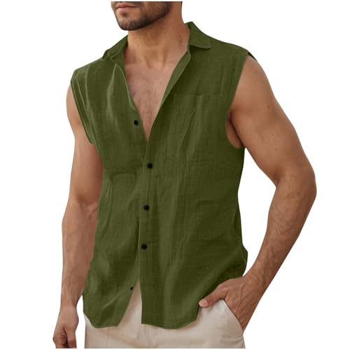 Leinenhemd Herren Hemd Männer Ärmelloses Strandhemd Sommer Freizeit Tanktop Leinen Baumwolle Muskelshirt Bequeme Leichte Sommerhemd Casual Herrenhemd Warehouse Armeegrün 3XL von Generic