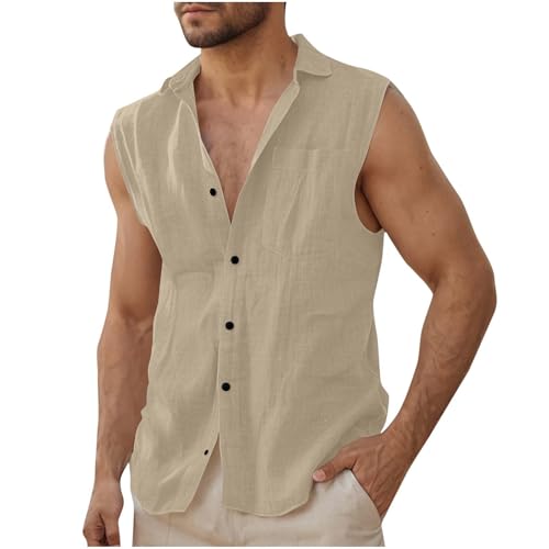 Leinenhemd Herren Hemd Männer Ärmelloses Strandhemd Sommer Freizeit Tanktop Leinen Baumwolle Muskelshirt Bequeme Leichte Sommerhemd mit Tasche Freizeithemd Deals Khaki M von Generic