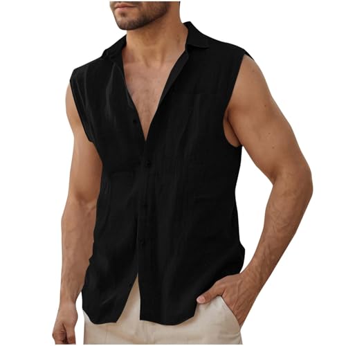 Leinenhemd Herren Hemd Männer Ärmelloses Strandhemd Sommer Freizeit Tanktop Leinen Baumwolle Muskelshirt Bequeme Leichte Sommerhemd mit Tasche Freizeithemd Deals Schwarz XXL von Generic