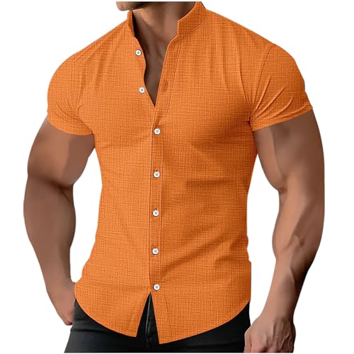 Leinenhemd Herren Kurzarm Baumwolle Hemd Stehkragen Hemden Sommer Hawaii Freizeithemden Business Herrenhemden Einfarbig Shirts Oversized Kurzarmhemd Warehouse Deal Orange XXL von Generic