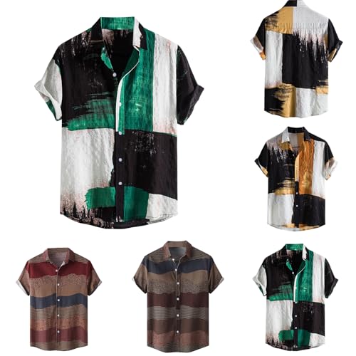 Leinenhemd Herren Kurzarm Hemd Baumwolle Freizeit Hemden Sommer Freizeithemden Hawaii Kurzarmhemd Männer Leinen Stehkragenhemd Bunte Fischerhemd Herrenhemden Angebote Grün XXL von Generic