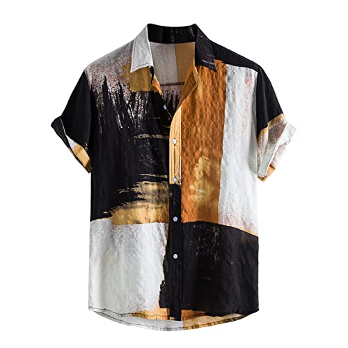 Leinenhemd Herren Kurzarm Hemd Baumwolle Freizeit Hemden Sommer Freizeithemden Hawaii Kurzarmhemd Männer Leinen Stehkragenhemd Bunte Fischerhemd Herrenhemden Blitzangebote des Tages Gelb L von Generic