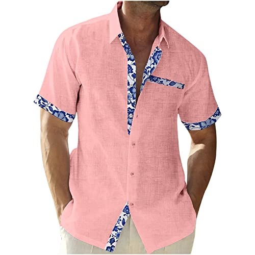 Leinenhemd Herren Kurzarm Hemd Lässige Patchwork Shirt Regular Fit Freizeithemd Button Down Kurzarmhemd Sommer Urlaub Strand Tshirt Große Größen Herrenhemden Atmungsaktive Sommerhemd Dünne Longshirt von Generic