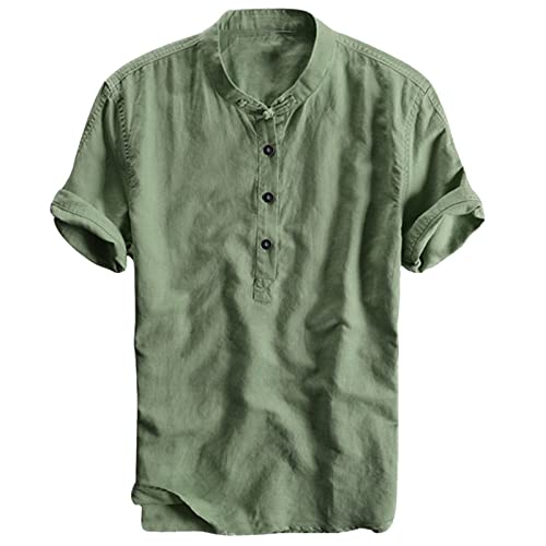 Leinenhemd Herren Kurzarm Hemden Henley Shirt Sommer Hemd Baumwolle Leinen Freizeithemd Leinenhemd Sommerhemd Herrenhemden Wanderhemd Regular Fit Trachtenhemd Armeegrün 3XL von Generic