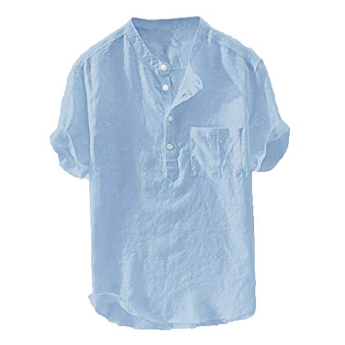 Leinenhemd Herren Kurzarm Hemden Henley Shirt Sommer Hemd Baumwolle Leinen Freizeithemd Leinenhemd Sommerhemd Herrenhemden Wanderhemd Regular Fit Trachtenhemd Blau 5XL von Generic