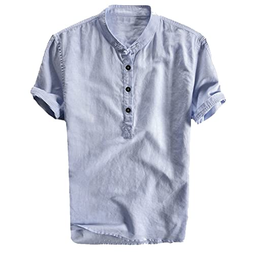 Leinenhemd Herren Kurzarm Hemden Henley Shirt Sommer Hemd Baumwolle Leinen Freizeithemd Leinenhemd Sommerhemd Herrenhemden Wanderhemd Regular Fit Trachtenhemd Blau XXL von Generic