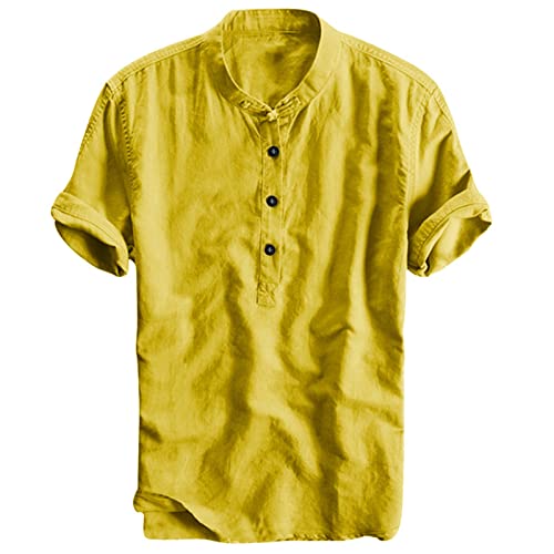 Leinenhemd Herren Kurzarm Hemden Henley Shirt Sommer Hemd Baumwolle Leinen Freizeithemd Leinenhemd Sommerhemd Herrenhemden Wanderhemd Regular Fit Trachtenhemd Gelb XL von Generic