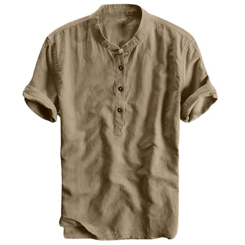 Leinenhemd Herren Kurzarm Hemden Henley Shirt Sommer Hemd Baumwolle Leinen Freizeithemd Leinenhemd Sommerhemd Herrenhemden Wanderhemd Regular Fit Trachtenhemd Khaki 3XL von Generic