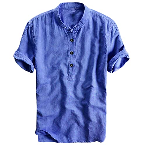 Leinenhemd Herren Kurzarm Hemden Henley Shirt Sommer Hemd Baumwolle Leinen Freizeithemd Leinenhemd Sommerhemd Herrenhemden Wanderhemd Regular Fit Trachtenhemd Marine XXL von Generic