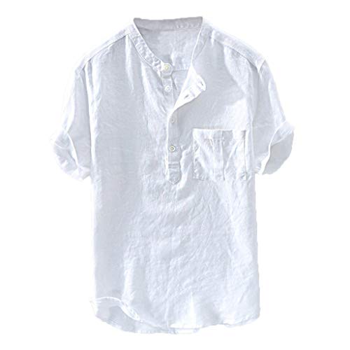 Leinenhemd Herren Kurzarm Hemden Henley Shirt Sommer Hemd Baumwolle Leinen Freizeithemd Leinenhemd Sommerhemd Herrenhemden Wanderhemd Regular Fit Trachtenhemd Weiß XXL von Generic