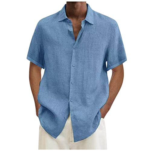 Leinenhemd Herren Kurzarm Hemden Sommer Hemd Baumwolle Leinen Kurzarmhemd Leichte Freizeithemden Einfarbig Herrenhemden Bequeme Sommerhemd Regular Fit Freizeithemd Sale 02 Hellblau 4XL von Generic