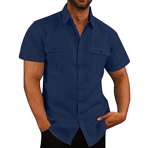 Leinenhemd Herren Kurzarm Hemden Sommer Hemd Baumwolle Leinen Kurzarmhemd Leichte Freizeithemden Einfarbig Herrenhemden Bequeme Sommerhemd Regular Fit Freizeithemd Sale 18 Marineblau 5XL von Generic