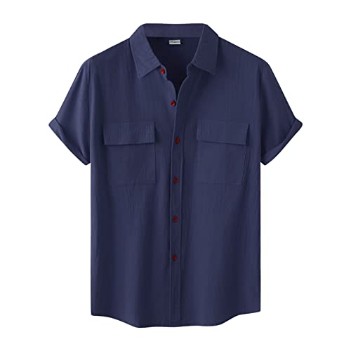 Leinenhemd Herren Kurzarm Kurzarmhemd Sommer Henley Hemd Shirt Leinen Hemden Leichte Freizeithemd Einfarbig Shirts Männer Loose Sommerhemden Tshirt mit Taschen Marine XXL von Generic