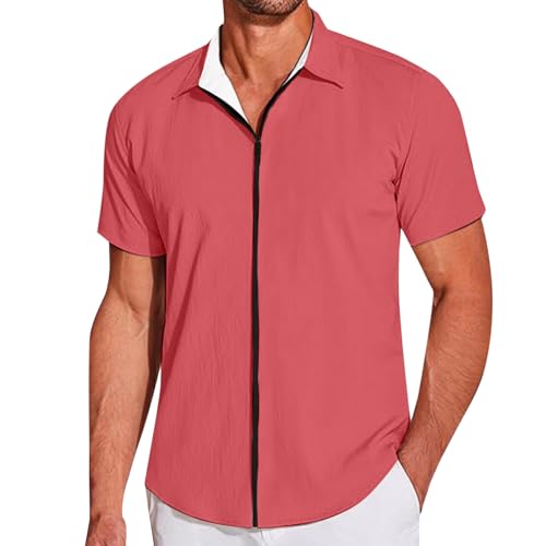 Leinenhemd Herren Kurzarm Leinenhemd Mit Reißverschluss Sommerhemde Freizeit Hemd Hawaii Hemd Slim Fit Herren Hemden Kurzarm Freizeithemden für Männer Regular Fit Shirt Hot Rosa XXL von Generic