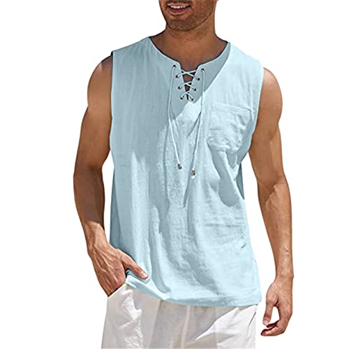 Leinenhemd Herren Kurzarm Mit Schnürung Leinenhemd Ärmellos Shirt Mittelalter Hemd Sommer Tank Top Ärmellose Leinen-Sommerhemd Basic T-Shirt Atmungsaktiv Bequem Freizeithemd/Strandhemd von Generic