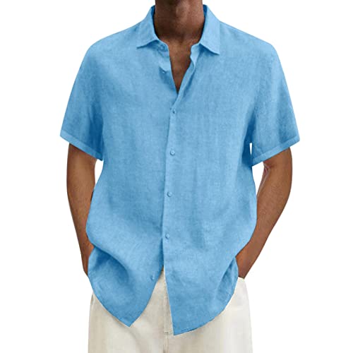 Leinenhemd Herren Kurzarm Sommer Shirts Mode Dashing Lässige Hemd Kariertes Einfarbige Freizeithemd Leicht Luftig Strandhemd Geteilter Saum Kläppchenkragen Casual Hemden Mit Knopfleiste Brusttasche von Generic